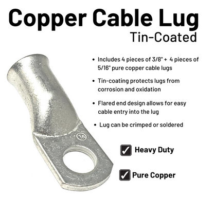 6 Gauge Welding Battery Cable Kit - Includes 5 pieces of 3/8" + 5 pieces of 5/16" Tinned Copper Cable Lugs and 3 Feet Black Heat Shrink Tubing