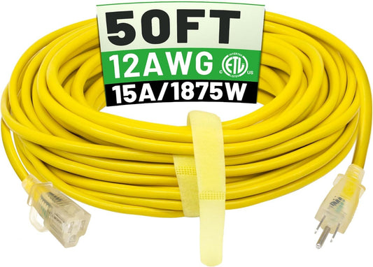 50 ft 12/3 Outdoor Extension Cord Waterproof Heavy Duty with Lighted Indicator End
