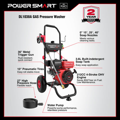 3800PSI 2.5GPM 212cc Gas Pressure Washer DL1038A