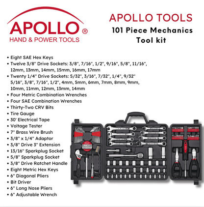 101 Piece Mechanic Tool Set for Vehicle and Home Maintenance, Roadside Emergencies. SAE and Metric Tool Set for Car, Boat, RV, Bikes - DT0006