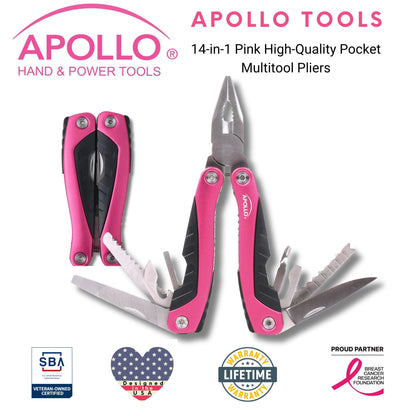 14-in-1 Pink High-Quality Pocket Multitool Pliers. Great for Outdoors, Camping, Fishing  --DT5015P