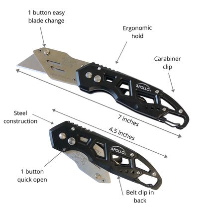 Ergonomic Stainless Steel, Lightweight, Foldable Black Utility Knife with Carabiner Clip and Fast-Change Blade - DT5017