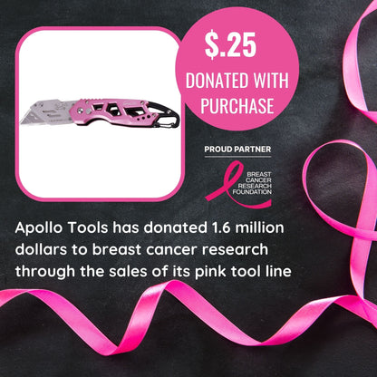 Ergonomic Stainless Steel, Lightweight, Foldable Pink Utility Knife with Carabiner Clip and Fast-Change Blade - DT5017P