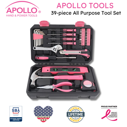 Apollo Tools New and Improved 39 Piece General Pink Tool Set in Storage Case for DIY Everyday Home Maintenance and Repairs- DT9711P