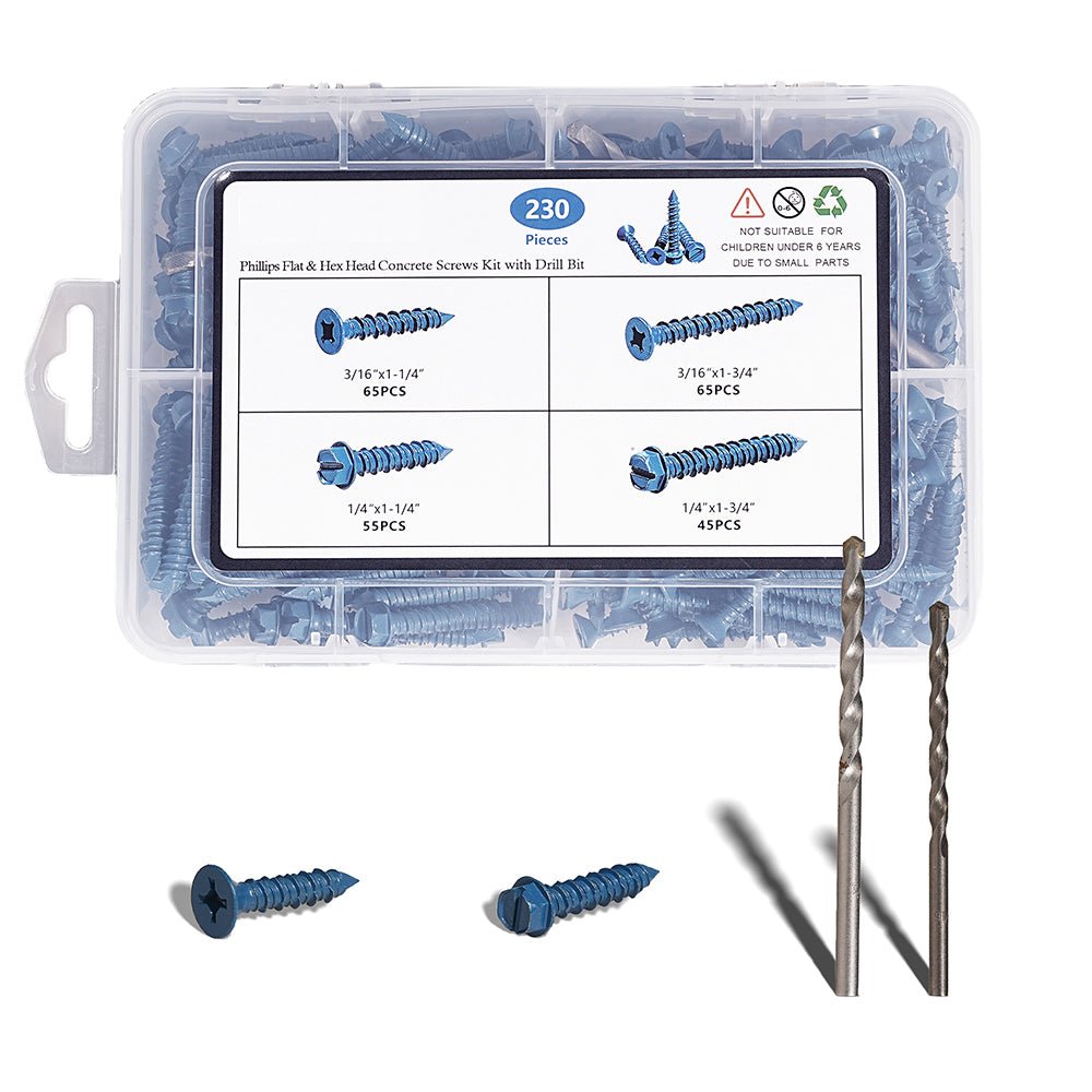 230Pcs Phillips Flat & Hex Washer Head Concrete Screws 1/4" & 3/16" Blue with Drill Bit