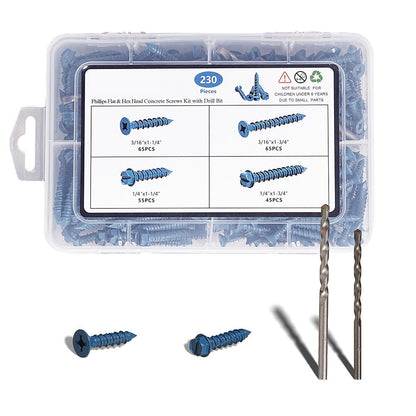 230Pcs Phillips Flat & Hex Washer Head Concrete Screws 1/4" & 3/16" Blue with Drill Bit