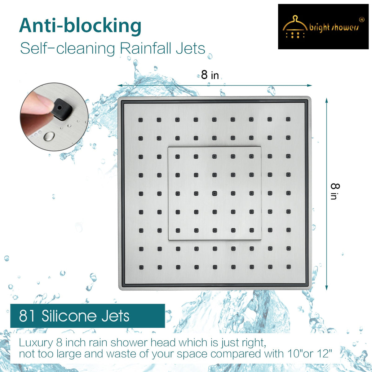 Bright Showers 8-Inch Square Rain Shower Head with 10-Inch Adjustable Extension Arm