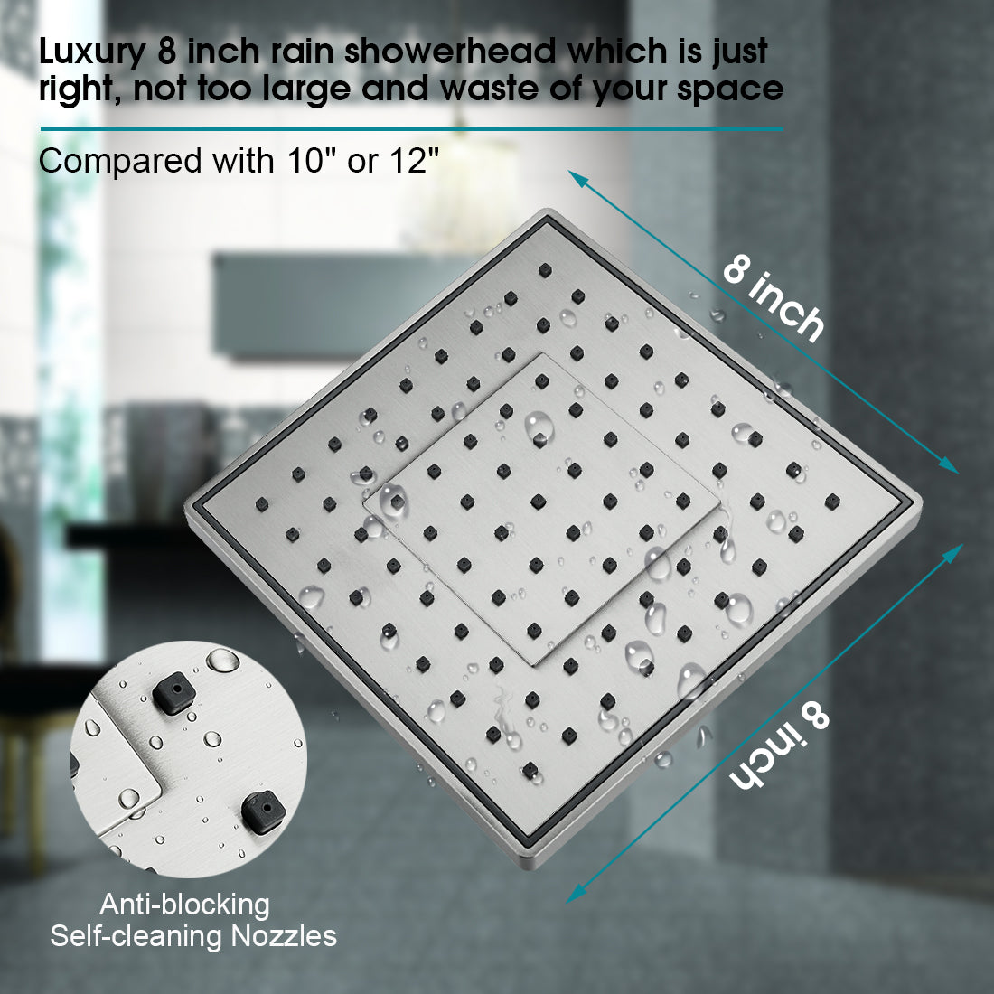 8 Inch Square Rainfall Shower Head with Angle Adjustable