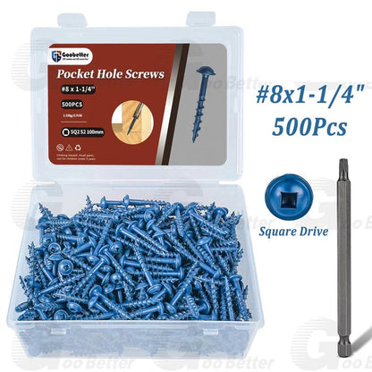 #8 Pocket Hole Screws Exterior Pocket Screw Coarse Thread Square Drive Washer Head Blue Coated With 100MM Drive Bit