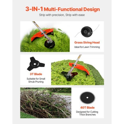 Cordless String Trimmer, 43 cc 2-Stroke, Gas Powered Weed Wacker, 17" Cordless Grass Trimmer, Multi-Functional Lawn Edger with Shoulder Strap & 3T Blade, Weed Eater for Quick Grass Cleaning