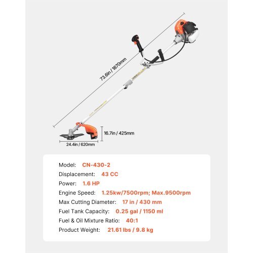 Cordless String Trimmer, 43 cc 2-Stroke, Gas Powered Weed Wacker, 17" Cordless Grass Trimmer, Multi-Functional Lawn Edger with Shoulder Strap & 3T Blade, Weed Eater for Quick Grass Cleaning
