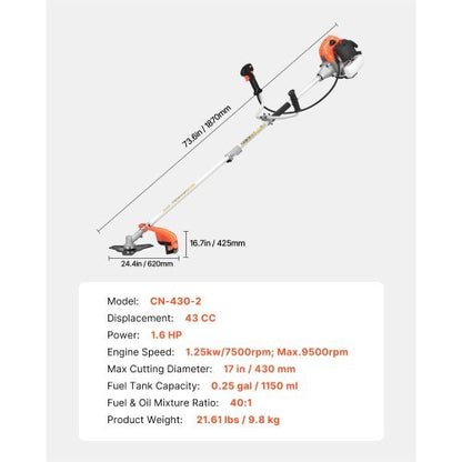 Cordless String Trimmer, 43 cc 2-Stroke, Gas Powered Weed Wacker, 17" Cordless Grass Trimmer, Multi-Functional Lawn Edger with Shoulder Strap & 3T Blade, Weed Eater for Quick Grass Cleaning