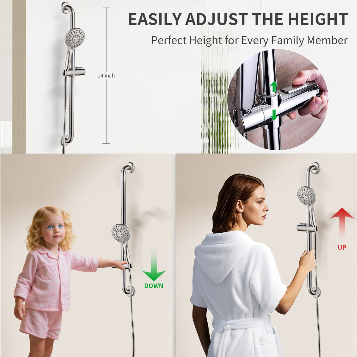 Stainless Steel Slide Bar Grab Rail Set  Includes Handheld Shower Head and 69'' Hose