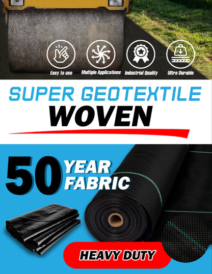 Woven Geotextile, Commercial Grade Driveway and Road Fabric for Separation and Stabilization - Heavy Duty Underlayment - 50 Year Fabric