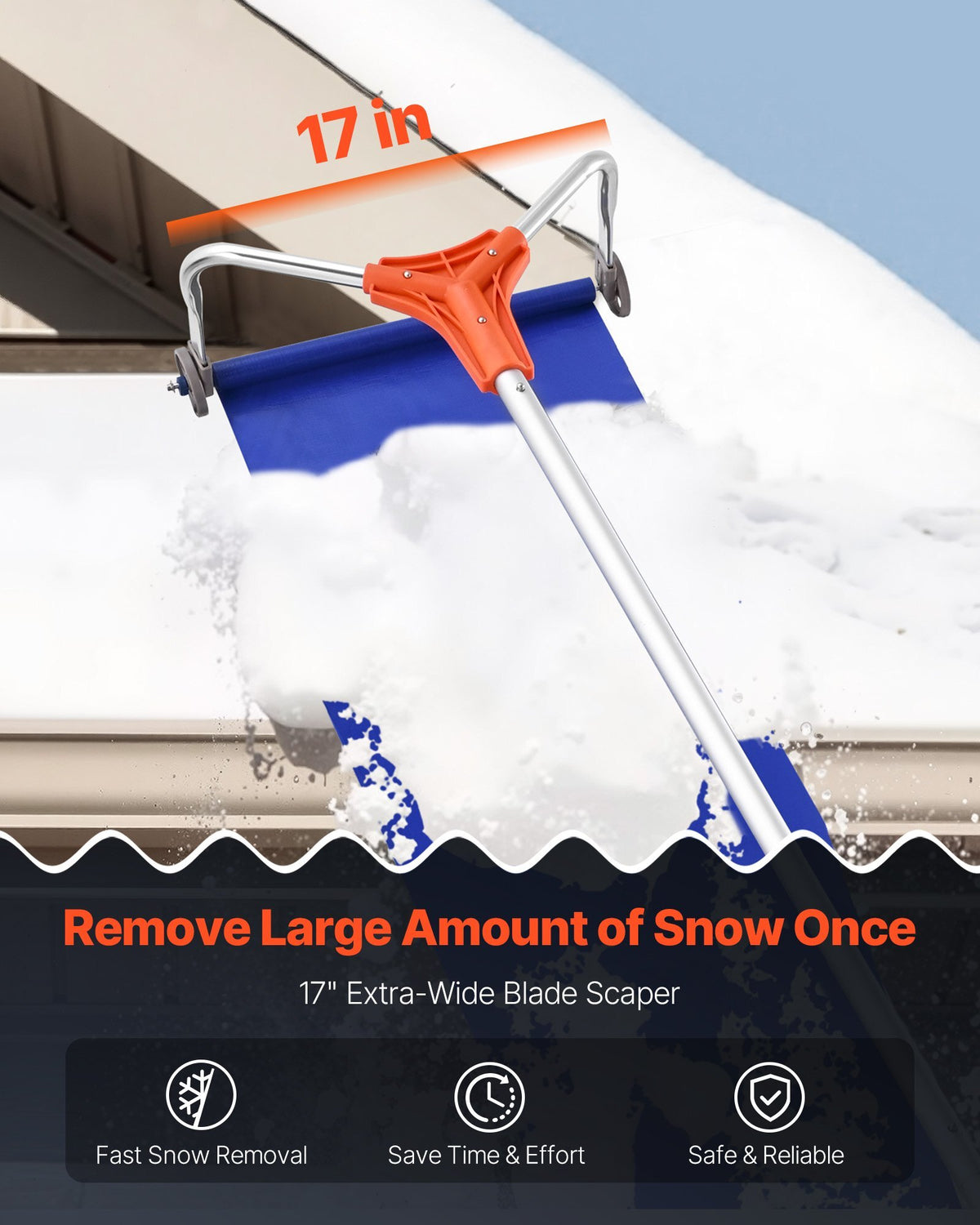 Snow Roof Rake, 17 in Aluminum Blade, 4.1-17.2 ft Adjustable Roof Snow Scraper with Wheels & Slide, Lightweight Snows Removal Tool for House Rooftop Leaves Debris Clearing
