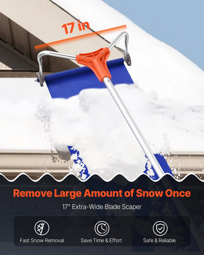 Snow Roof Rake, 17 in Aluminum Blade, 4.1-17.2 ft Adjustable Roof Snow Scraper with Wheels & Slide, Lightweight Snows Removal Tool for House Rooftop Leaves Debris Clearing
