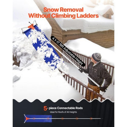 Snow Roof Rake, 17 in Aluminum Blade, 4.1-17.2 ft Adjustable Roof Snow Scraper with Wheels & Slide, Lightweight Snows Removal Tool for House Rooftop Leaves Debris Clearing
