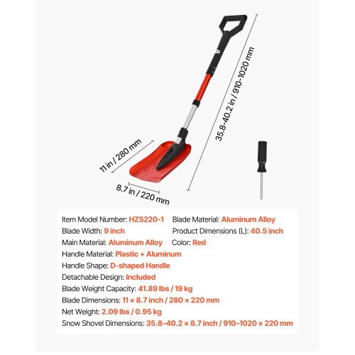Snow Shovel for Driveway, 9 in Foldable Snow Shovel with D-shaped Handle, , 36-40 in Adjustable, Lightweight Aluminum Alloy Snows Removal Tool, Reduce Back Strains for Garden Car Camping
