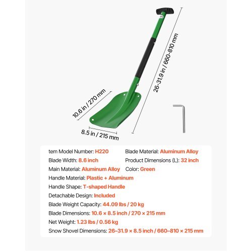 Snow Shovel for Driveway, 8.5 in Wide Aluminum Alloy Snow Shovel with T-shaped Handles, Large Capacity Snowplow Shovels, Portable & Lightweight Snows Removal Tool for Garden Car Camping