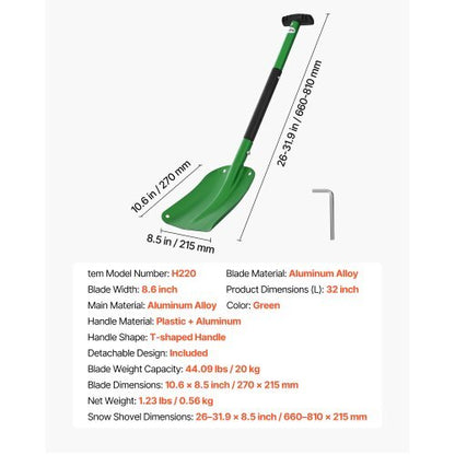 Snow Shovel for Driveway, 8.5 in Wide Aluminum Alloy Snow Shovel with T-shaped Handles, Large Capacity Snowplow Shovels, Portable & Lightweight Snows Removal Tool for Garden Car Camping