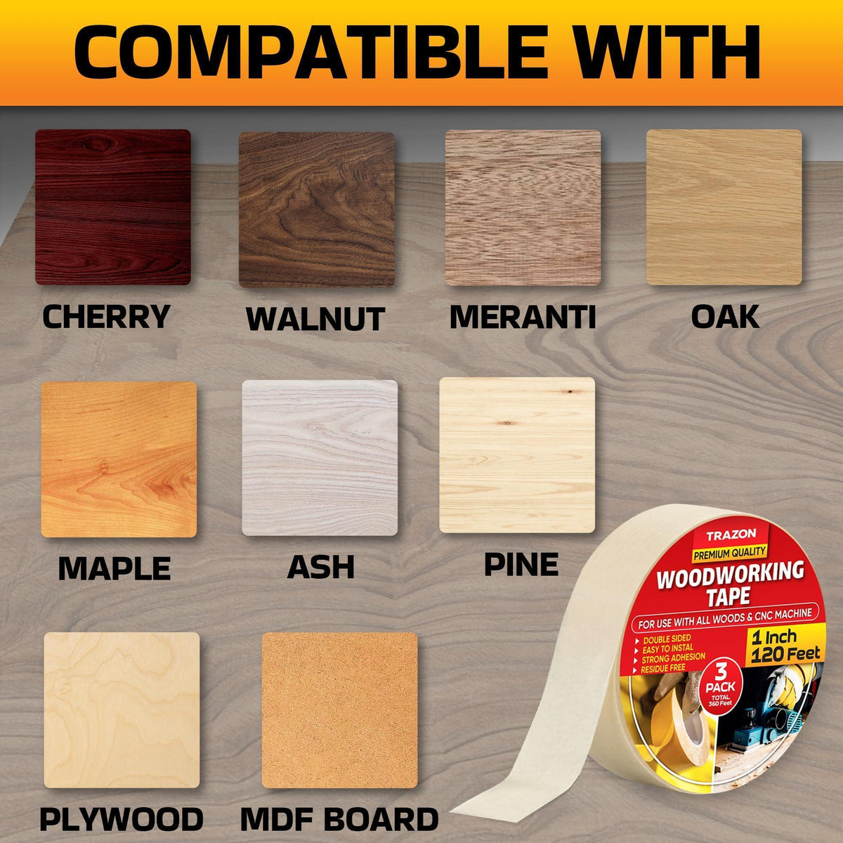 Double Sided Woodworking Tape 3 Pack 1 Inch x 120 Ft Wood Crafter Sticky Tool Two Side Adhesive for Router Templates Removable & Residue Free