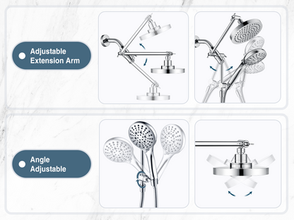 Dual Shower Head with Adjustable Extension Arm, 3-Way Diverter and Hose