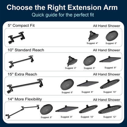 Solid Brass Shower Arm Extension, Adjustable Height & Angle, 5", 10", 14" & 15" Options