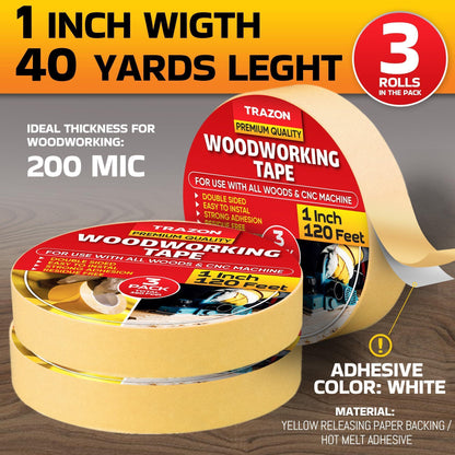 Double Sided Woodworking Tape 3 Pack 1 Inch x 120 Ft Wood Crafter Sticky Tool Two Side Adhesive for Router Templates Removable & Residue Free