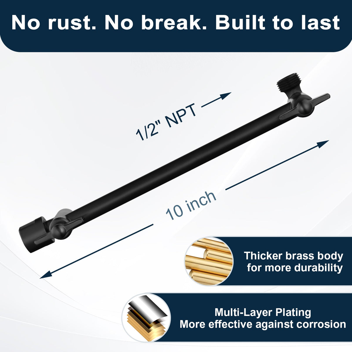 Solid Brass Shower Arm Extension, Adjustable Height & Angle, 5", 10", 14" & 15" Options