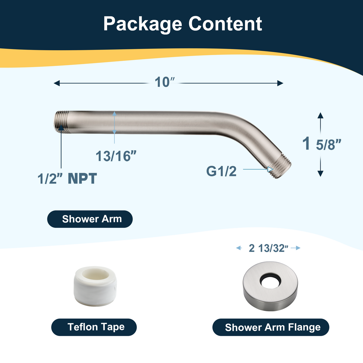 6 & 10" Solid Brass Shower Arm with Universal G1/2 Connection