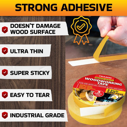 Double Sided Woodworking Tape 3 Pack 1 Inch x 120 Ft Wood Crafter Sticky Tool Two Side Adhesive for Router Templates Removable & Residue Free