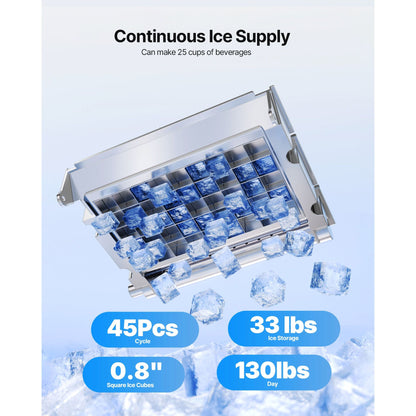 Commercial Ice Maker Machine with Pump 130Lbs/24H with 33Lbs Storage Freestanding & Under Counter Ice Maker