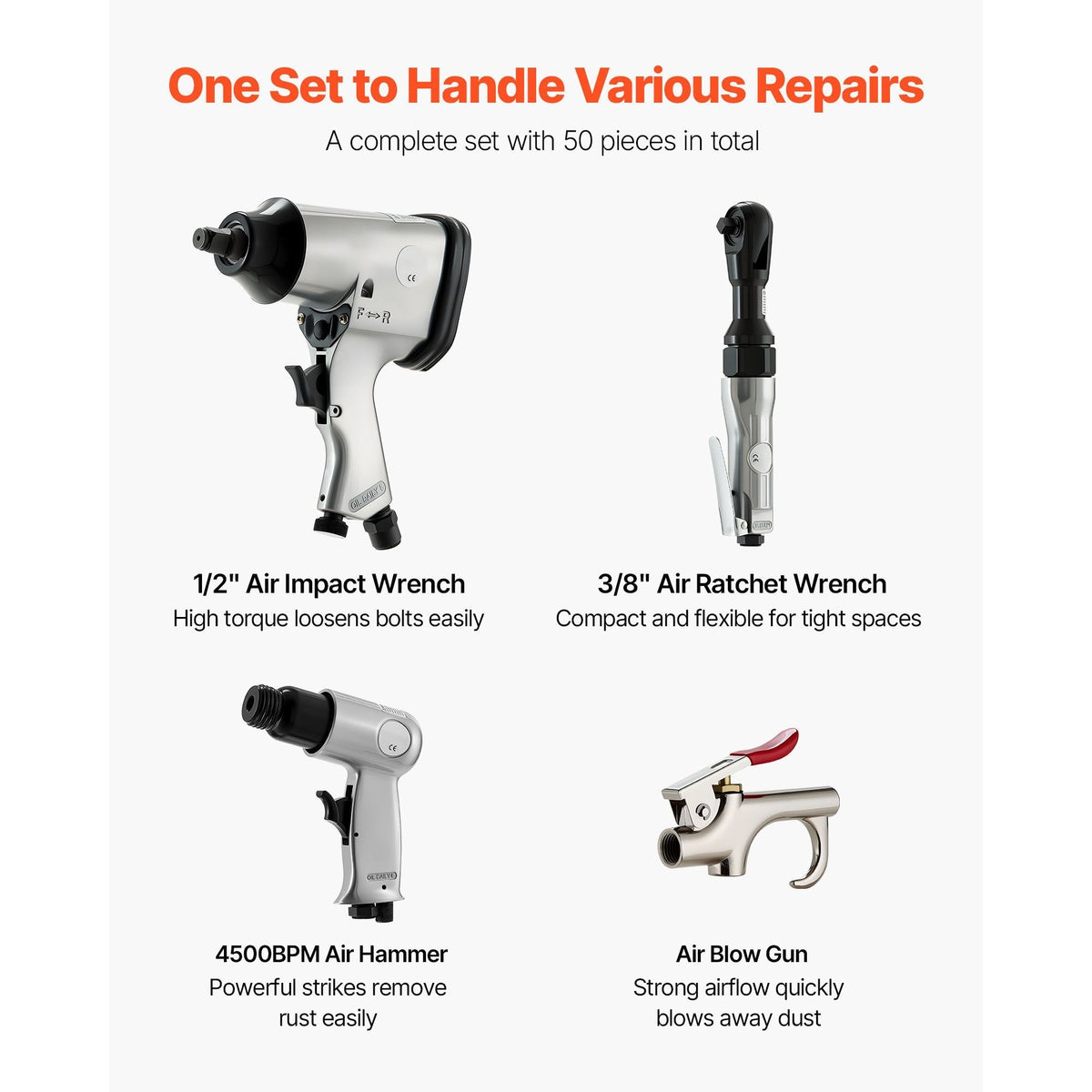 50 Pieces Pro Air Tool and Accessories Kit 1/2" Air Impact Wrench 3/8" Ratchet Wrench 4500BPM Air Hammer