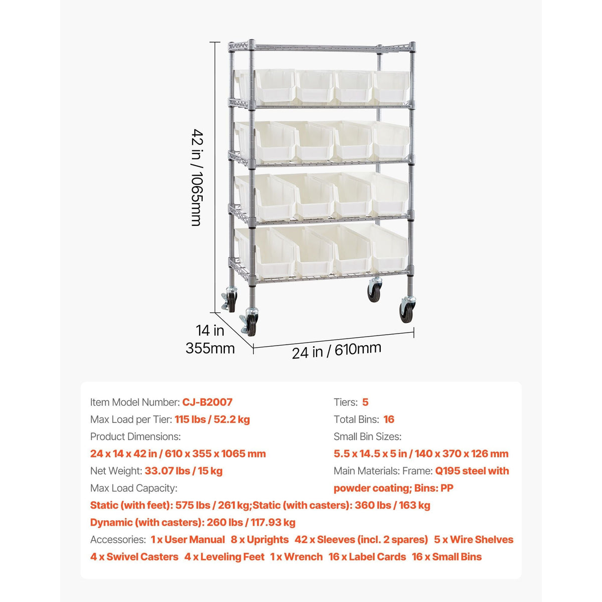 5-Tier Rolling Bin Storage Rack 16 Organizer Bins with Wheels