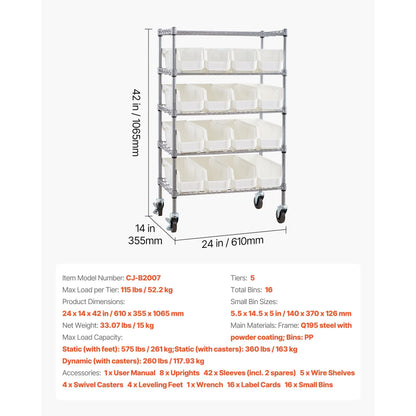 5-Tier Rolling Bin Storage Rack 16 Organizer Bins with Wheels