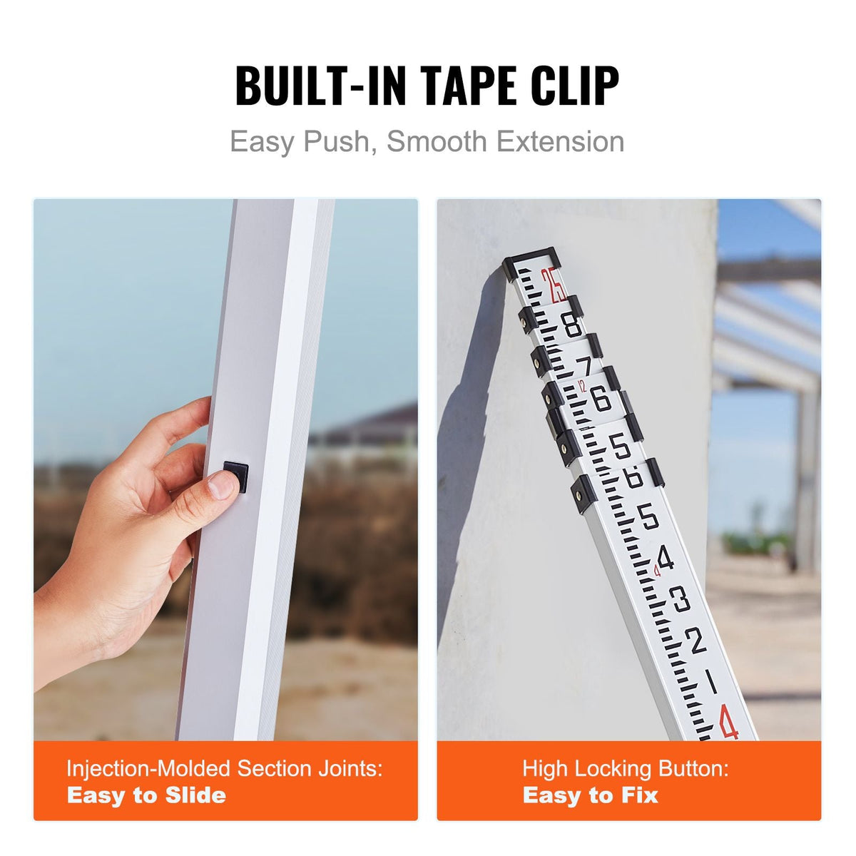 Aluminum Grade Rod 25-Feet/10ths Telescopic Measuring Double-Sided Scale 1/10ft Leveling Rod Stick
