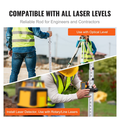 Aluminum Grade Rod 25-Feet/10ths Telescopic Measuring Double-Sided Scale 1/10ft Leveling Rod Stick
