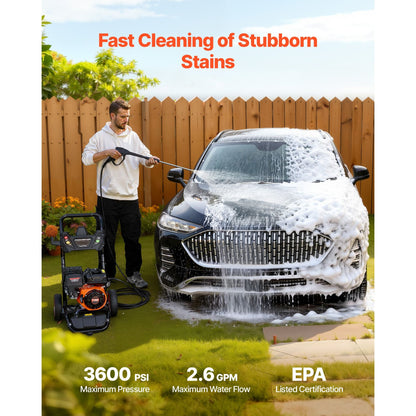 Gas Pressure Washer 3600 PSI and 2.6 Max GPM Pump Spray Gun and Wand 26 ft Hose