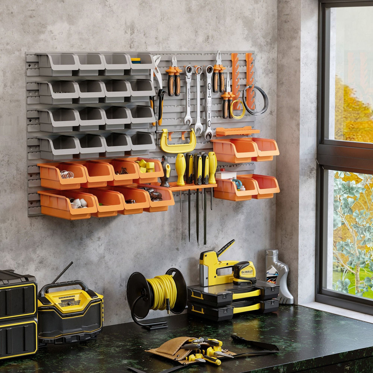 44 PCS Wall Mounted Pegboard Tool Organizer Rack Kit with Various Sized Storage Bins, Pegboard and Hooks, Orange