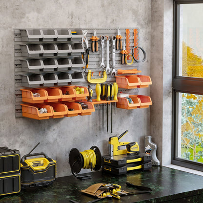 44 PCS Wall Mounted Pegboard Tool Organizer Rack Kit with Various Sized Storage Bins, Pegboard and Hooks, Orange