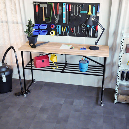 Foldable Hardwood Workbench Adjustable Wood-Top Utility Table with Locking Casters
