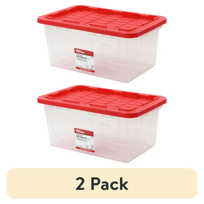 (2 pack) 15 Gallon Clear Storage Bin with Red Snap Lid