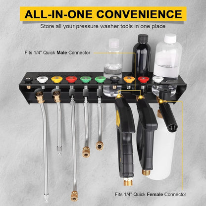 Pressure Washer Gun & Foam Cannon Holder with 1/4 Inch Quick Connector Wall-Mounted Nozzle Tip & Extension Wand Organizer