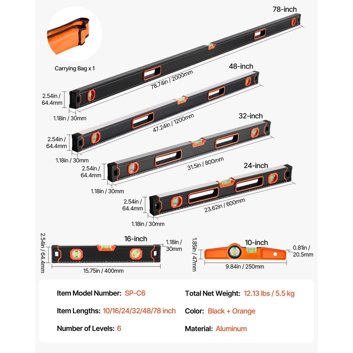 6-Piece Torpedo Level All Magnetic Level Set Shock-Resistance