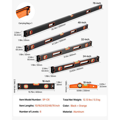 6-Piece Torpedo Level All Magnetic Level Set Shock-Resistance