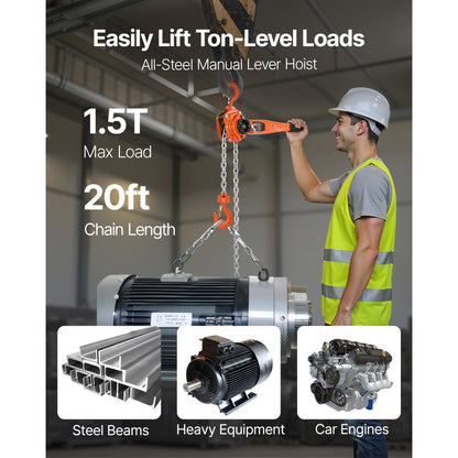 Heavy Duty Manual Lever Chain Hoist 1-1/2T 3300LBS Capacity Come Along 20FT Lift G80 Alloy Steel Chain
