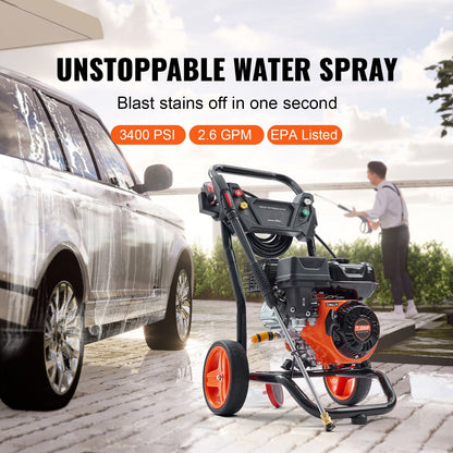 Gas Pressure Washer 3400 PSI 2.6 GPM Aluminum Pump Spray Gun and Extension Wand