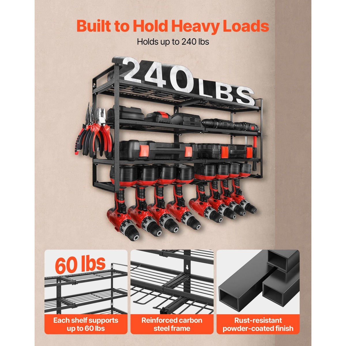 Power Tool Organizer Wall Mount Storage Rack with 8 Drill Holders Garage Tool Organizer