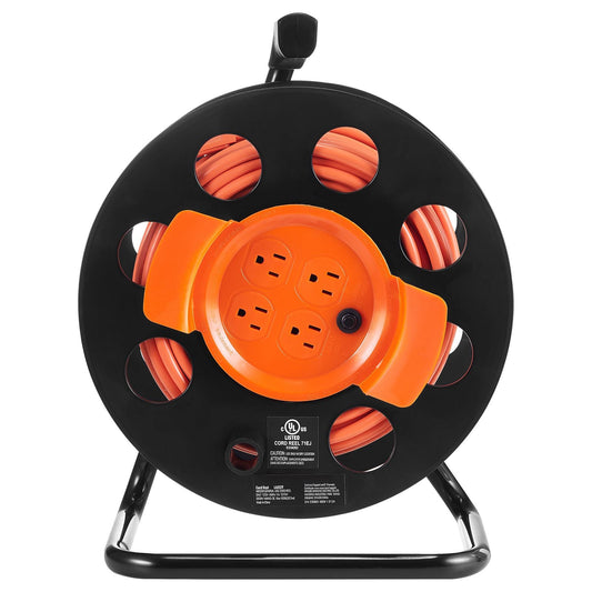 Extension Cord Reel 100FT with 4 Outlets and Dust Cover Heavy Duty 14AWG Power Cord