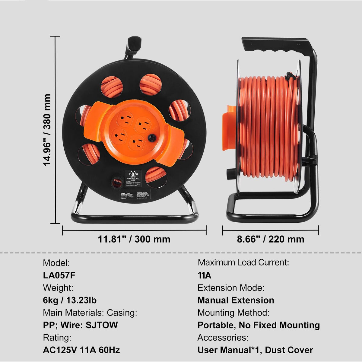 Extension Cord Reel 100FT with 4 Outlets and Dust Cover Heavy Duty 14AWG Power Cord